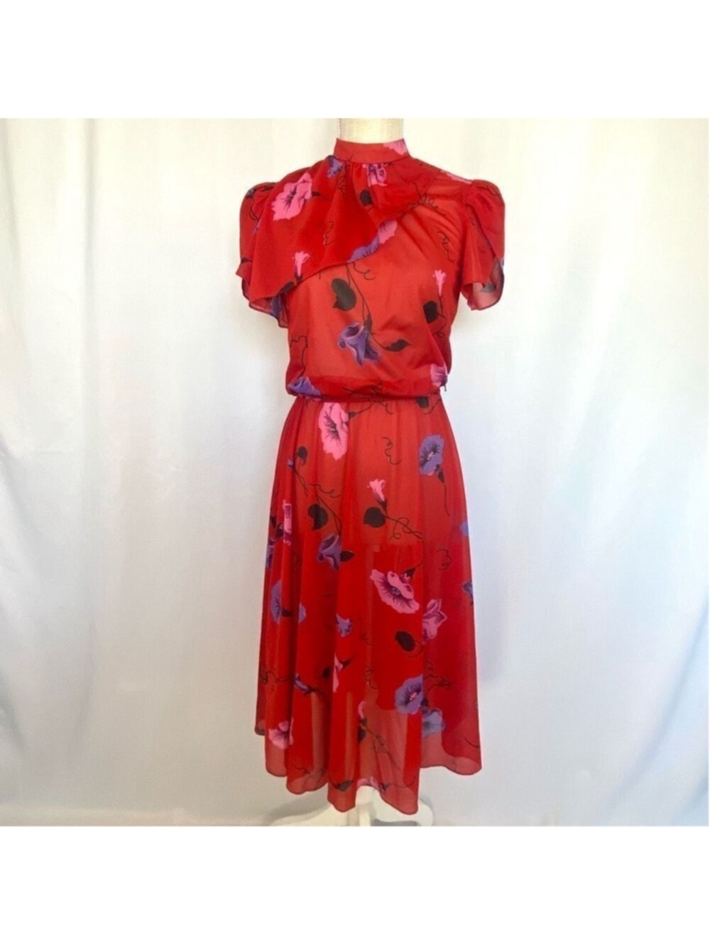 Vintage 80s Bright Red Floral Midi Dress Women’s Small New Wave Sheer Blouson S